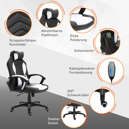 Massage Gaming Office Chair with Heat & Vibration, Black/White