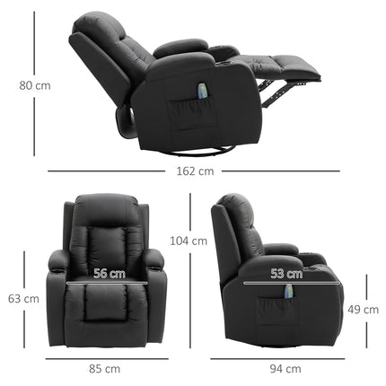Reclining massage chair with heating, remote control & cup holder - Black
