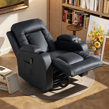 Massage Chair with Heat, Recline & Swivel – Black