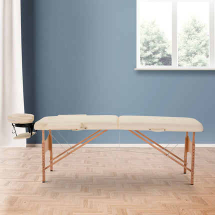 Adjustable folding massage table, wood, artificial leather, cream
