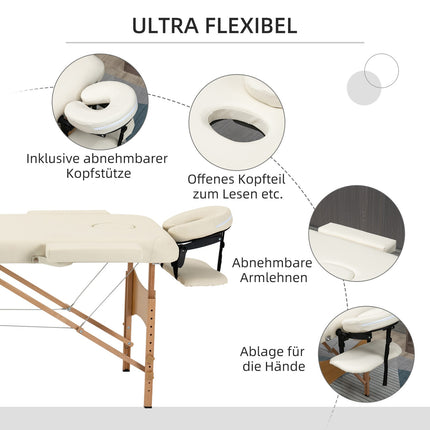 Adjustable folding massage table, wood, artificial leather, cream