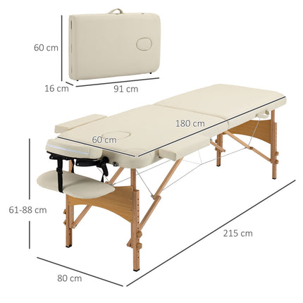 Adjustable folding massage table, wood, artificial leather, cream