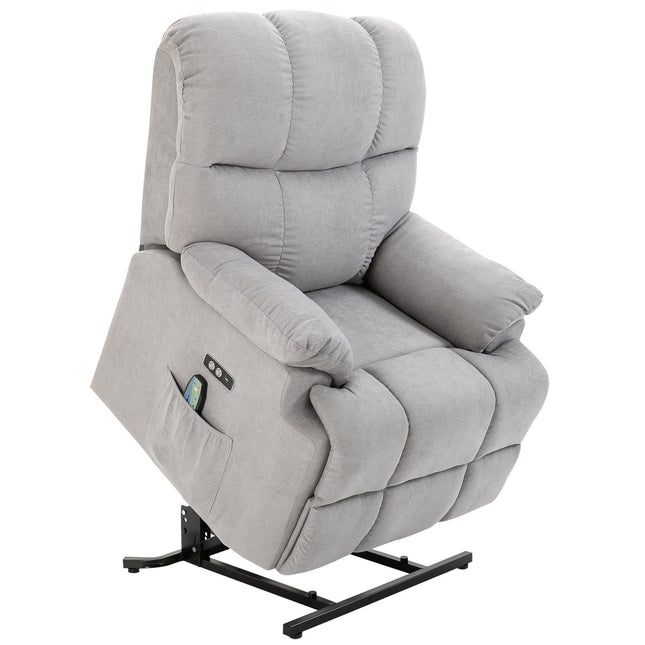 Massagestoel met opstahulp, relaxstoel, tv-stoel met warmtefunctie, verstelbare hoek, USB-afstandsbediening, kort pluche, grijs, 83x95x105 cm