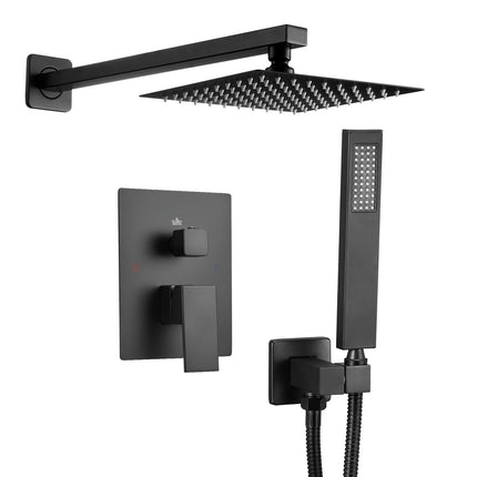 Matte Black Shower Faucet Set, 8-Inch Square Rain Head, Handheld