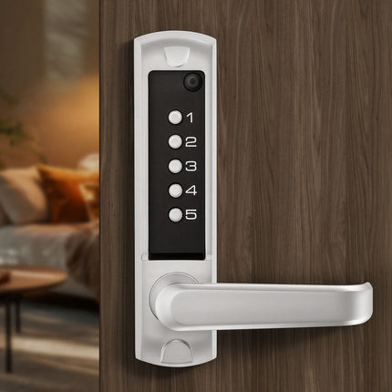 Mechanical Keyless Door Lock, 5-Digit, Auto-Lock Handle, Silver