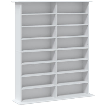 Media Shelf with 16 Compartments for Up to 720 CDs, 12 Adjustable Shelves, White
