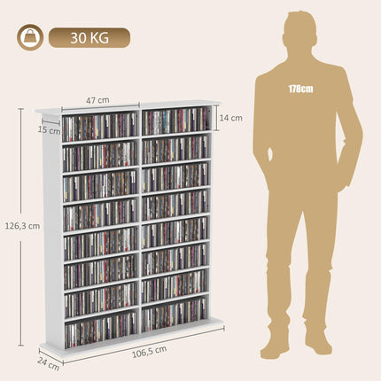 Media Shelf with 16 Compartments for Up to 720 CDs, 12 Adjustable Shelves, White