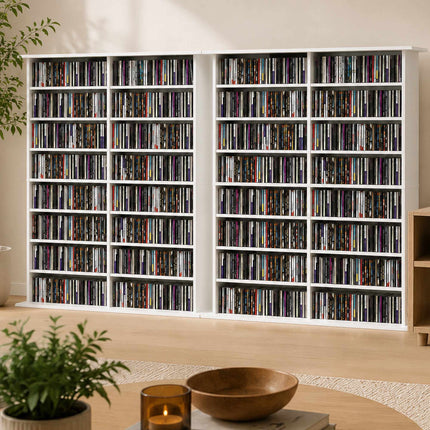Media Shelf with 16 Compartments for Up to 720 CDs, 12 Adjustable Shelves, White