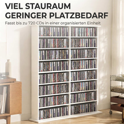 Media Shelf with 16 Compartments for Up to 720 CDs, 12 Adjustable Shelves, White