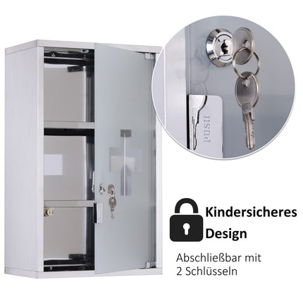 Locking medicine cabinet in stainless steel, 30x18x50 cm Safe storage