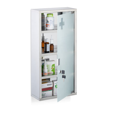 Medicine Cabinet, Lockable Glass Door, 4 Compartments