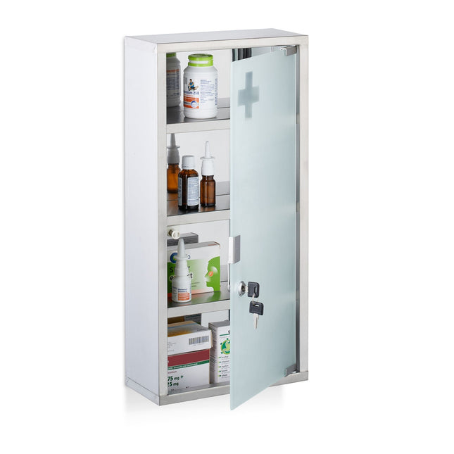 Medicine Cabinet, Lockable Glass Door, 4 Compartments