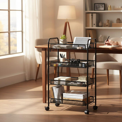 Mesh Trolley with Multi-Level Metal Shelves and Hooks