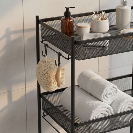 Mesh Trolley with Multi-Level Metal Shelves and Hooks