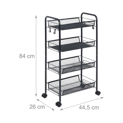 Mesh Trolley with Multi-Level Metal Shelves and Hooks