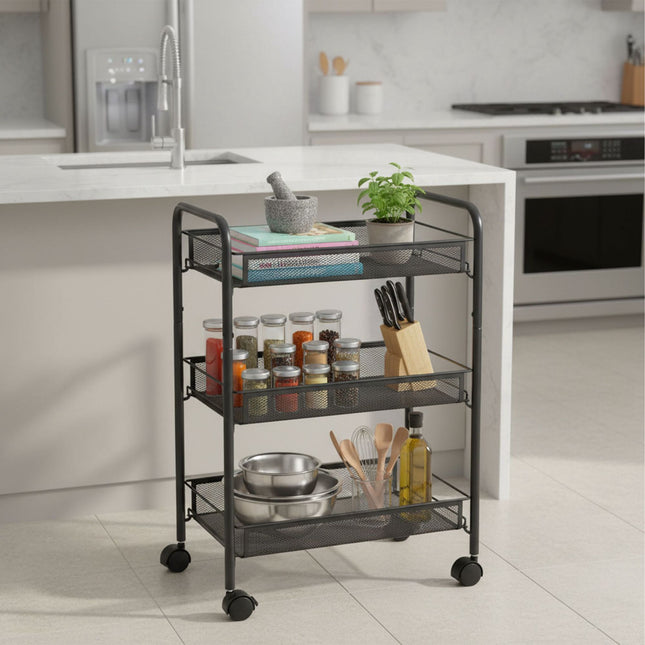 Mesh Trolley with Wheels – Multi-Level Metal Shelves