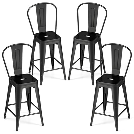 Metal Bar Stools Set of 4, Black, Stackable with Backrests