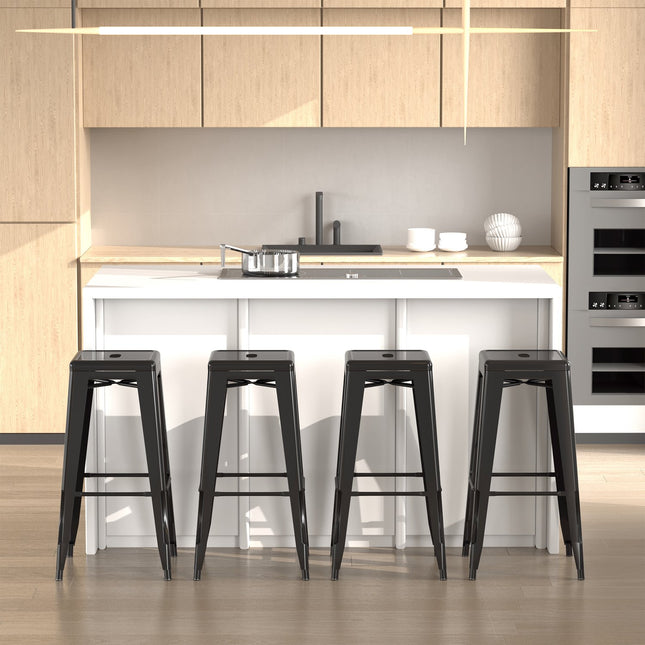 Metal Bar Stools Set of 4, Stackable, Black, Indoor/Outdoor