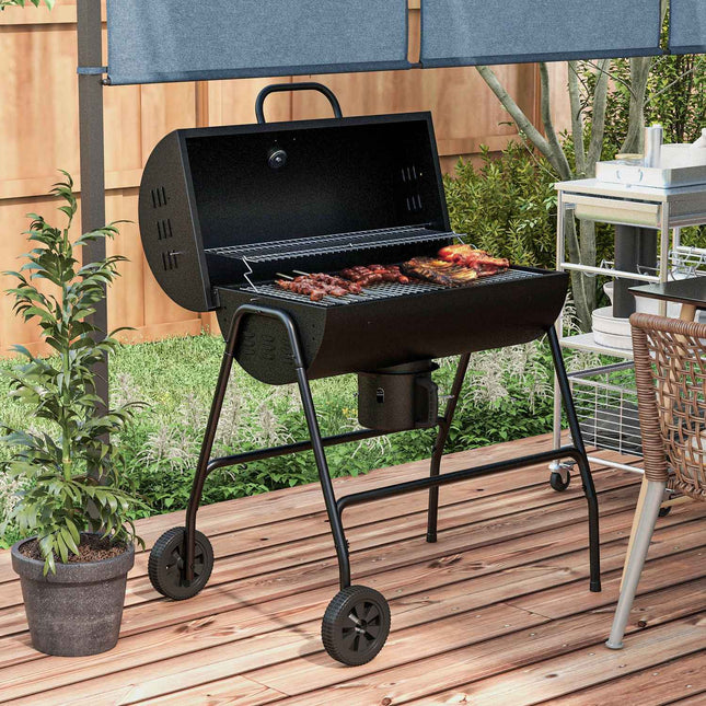 Adjustable charcoal grill with thermometer and wheels