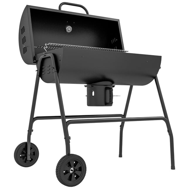 Adjustable charcoal grill with thermometer and wheels