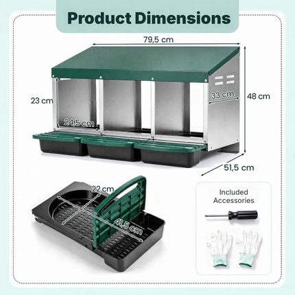 Metal Chicken Nesting Box with 3 Compartments and Egg Trays, Green, Roll Away