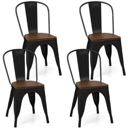 Metal Dining Chairs Set of 4, Stackable, Elm Wood Seat, Black