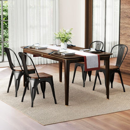 Metal Dining Chairs Set of 4, Stackable, Elm Wood Seat, Black