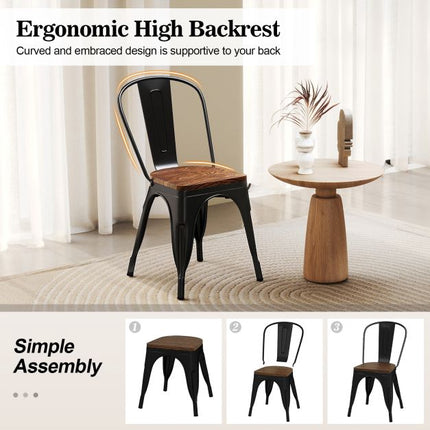 Metal Dining Chairs Set of 4, Stackable, Elm Wood Seat, Black