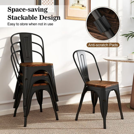 Metal Dining Chairs Set of 4, Stackable, Elm Wood Seat, Black