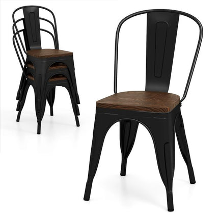 Metal Dining Chairs Set of 4, Stackable, Elm Wood Seat, Black
