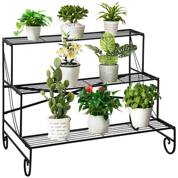 Black metal 3-tier plant stand for garden and balcony