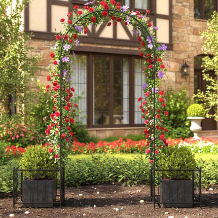 Metal Garden Arbor Arch Trellis with Planter Boxes, Stakes