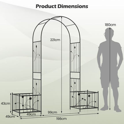 Metal Garden Arbor Arch Trellis with Planter Boxes, Stakes