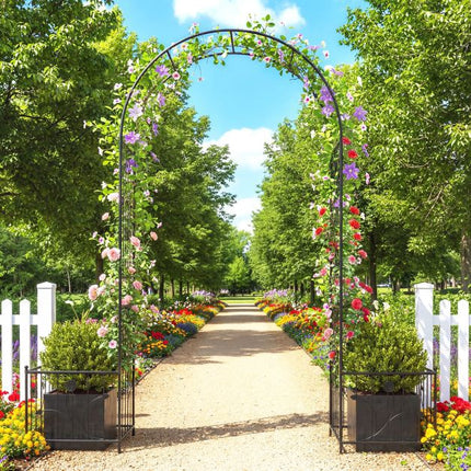 Metal Garden Arbor Arch Trellis with Planter Boxes, Stakes