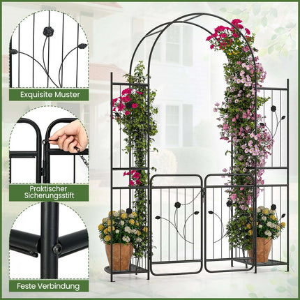 Metal Garden Arch with Gate & Plant Shelves – Black