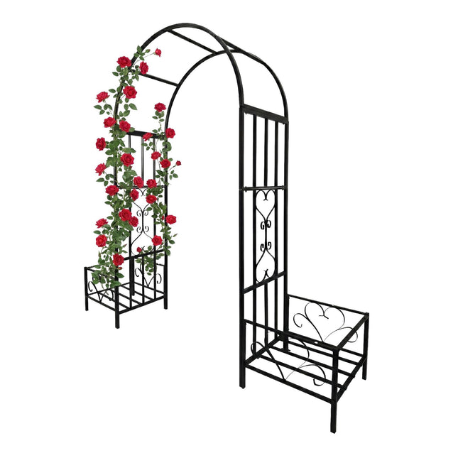 Metal Garden Arch with Planters and Heart Motifs