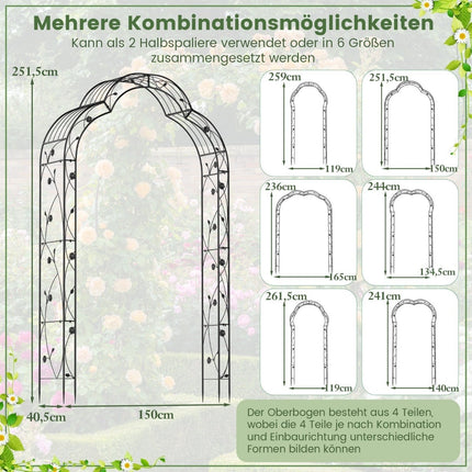 Metal Garden Arch with Two Half Arches, 150 x 39 x 250 cm