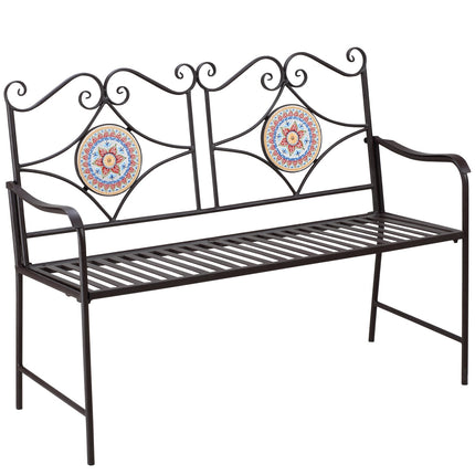 Metal garden bench, 2-seater with mosaic backrest, brown