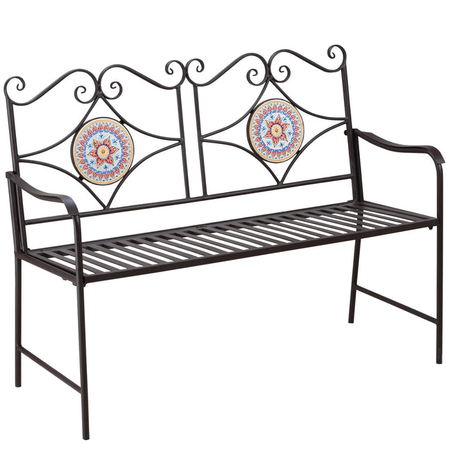 Metal garden bench, 2-seater with mosaic backrest, brown