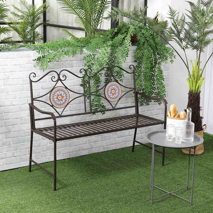 Metal garden bench, 2-seater with mosaic backrest, brown