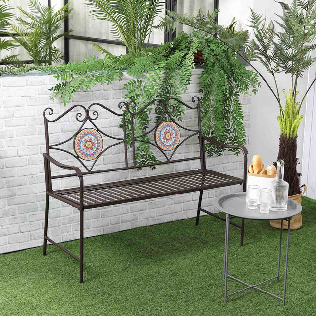 Metal garden bench, 2-seater with mosaic backrest, brown