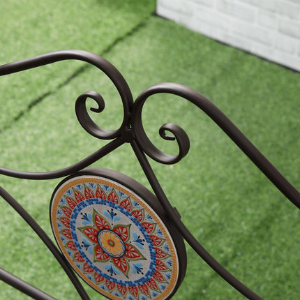 Metal garden bench, 2-seater with mosaic backrest, brown