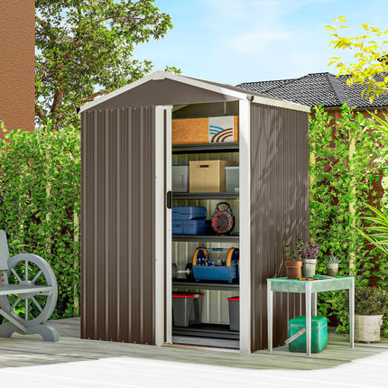 Metal Garden Shed, Galvanized Steel, Sliding Door, Brown