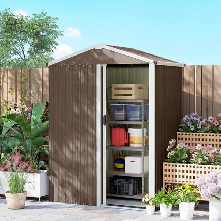 Metal Garden Shed, Galvanized Steel, Sliding Door, Brown