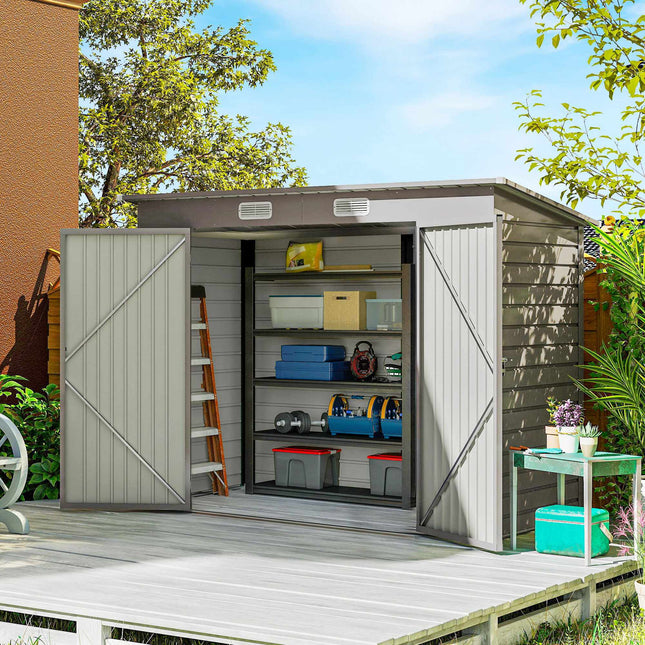 Metal Garden Shed with Double Doors, 249 x 121 x 183 cm, Light Grey