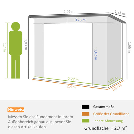 Metal Garden Shed with Double Doors, 249 x 121 x 183 cm, Light Grey