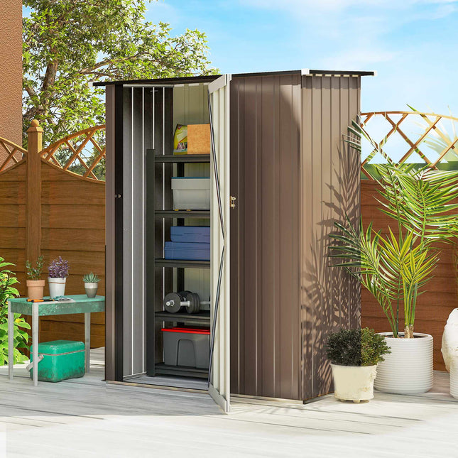 Metal Garden Shed with Sloped Roof, Lockable Door, Brown