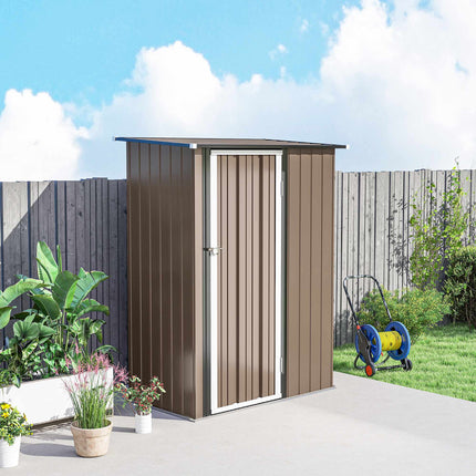 Metal Garden Shed with Sloped Roof, Lockable Door, Brown