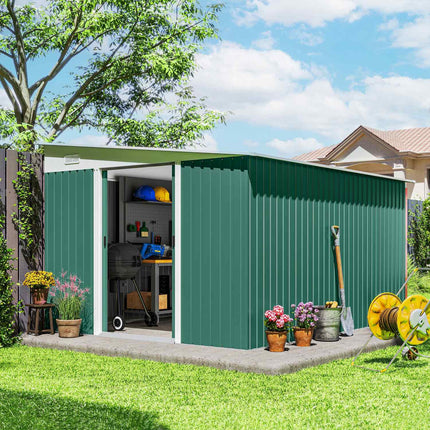 Metal Garden Shed with Sloped Roof, Lockable Double Door