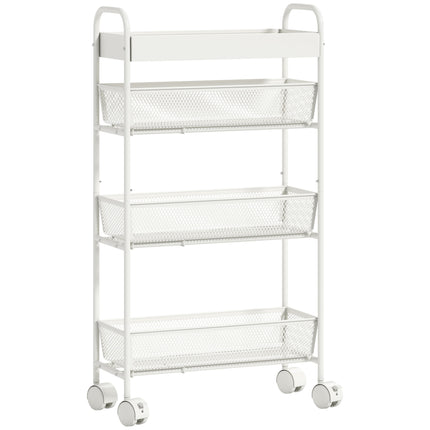 Metal Kitchen Cart, 3 Baskets, Slim Design, 4 Wheels, White